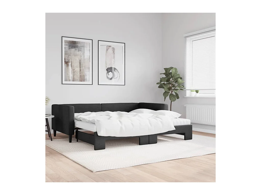 Lit de jour avec gigogne et matelas noir 90x190 cm tissu