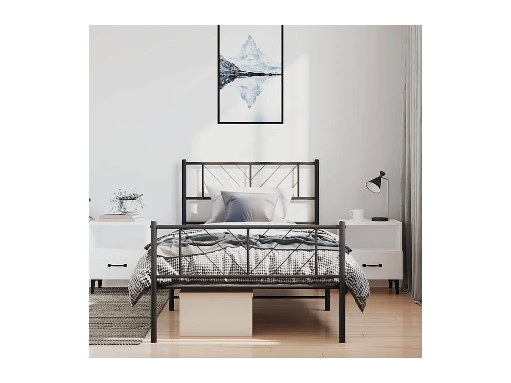 Cadre de lit métal sans matelas avec pied de lit noir 100x190cm