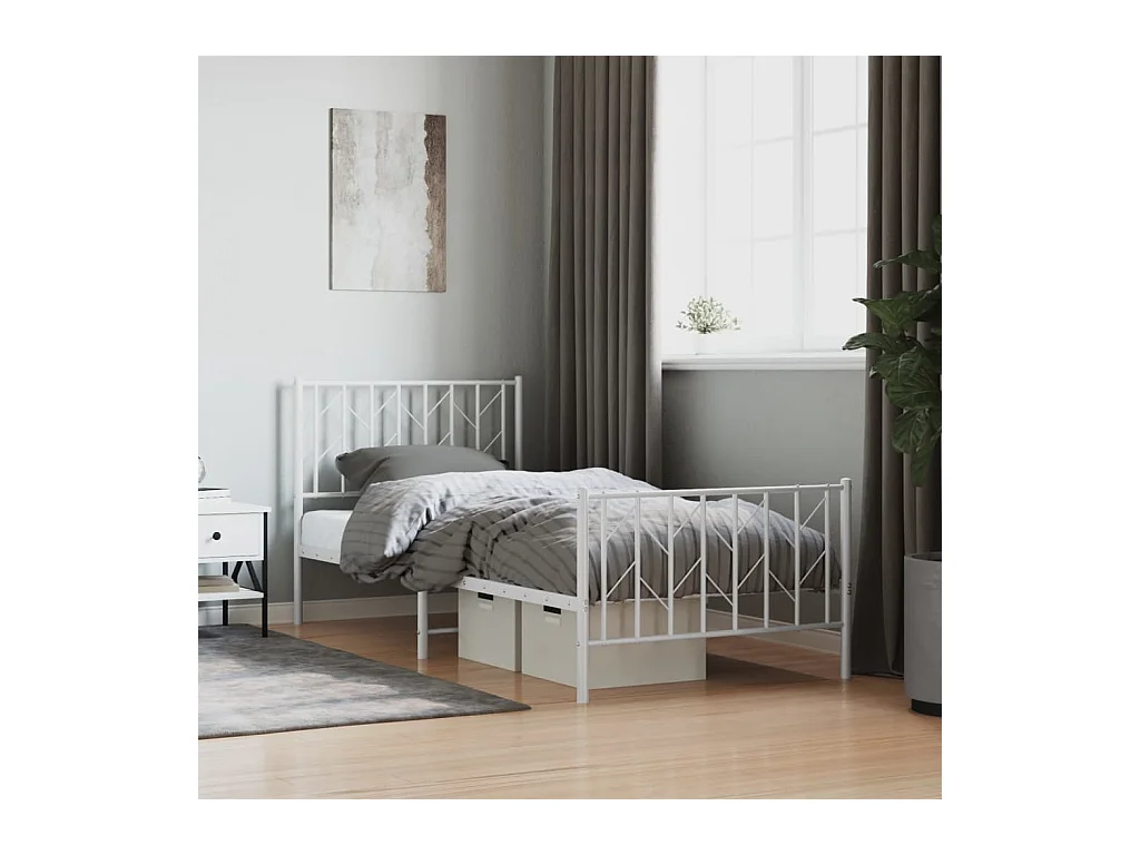 Cadre de lit métal sans matelas avec pied de lit blanc 90x200cm