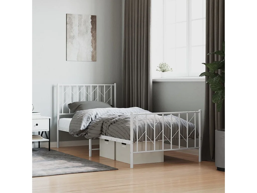 Cadre de lit métal sans matelas avec pied de lit blanc 90x200cm