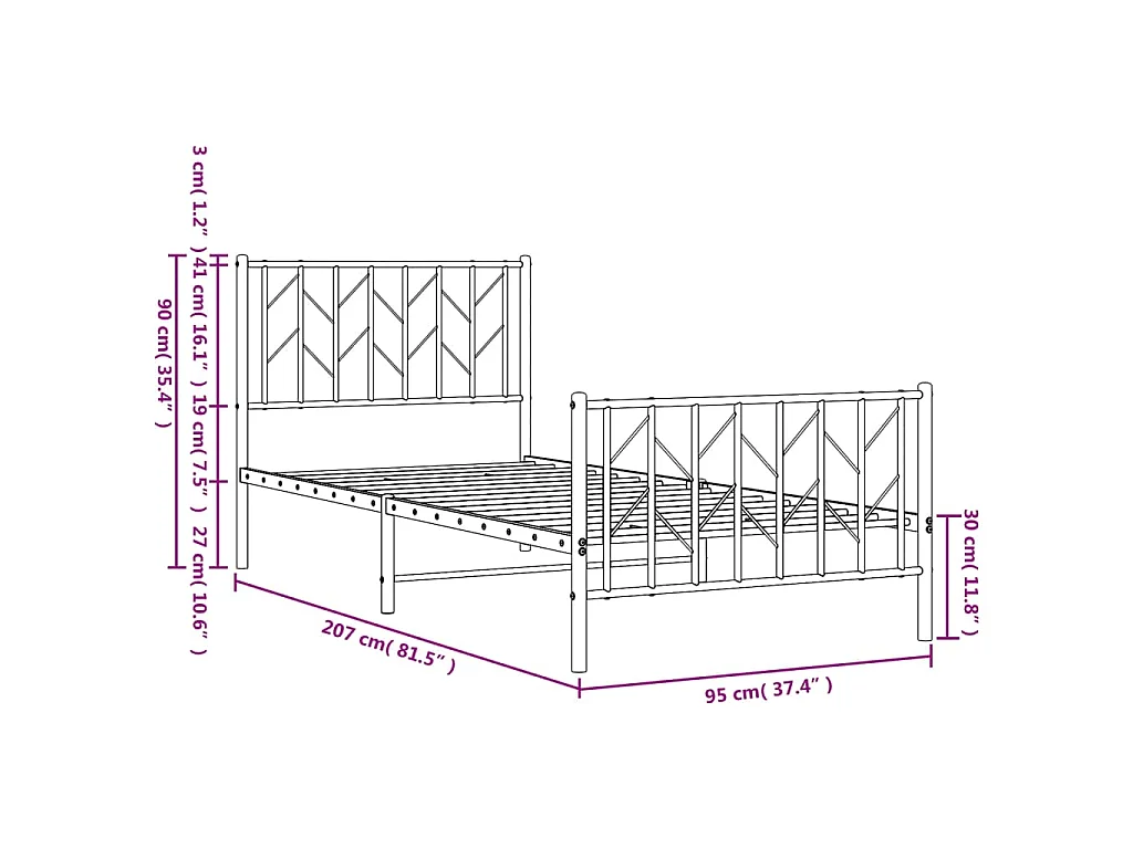 Cadre de lit métal sans matelas avec pied de lit blanc 90x200cm