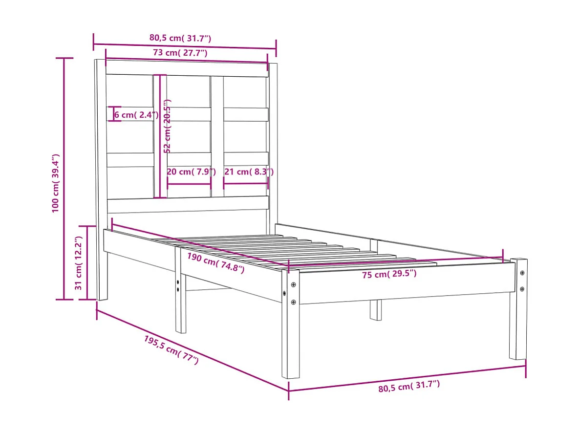 Cadre de lit sans matelas 75x190 cm bois massif