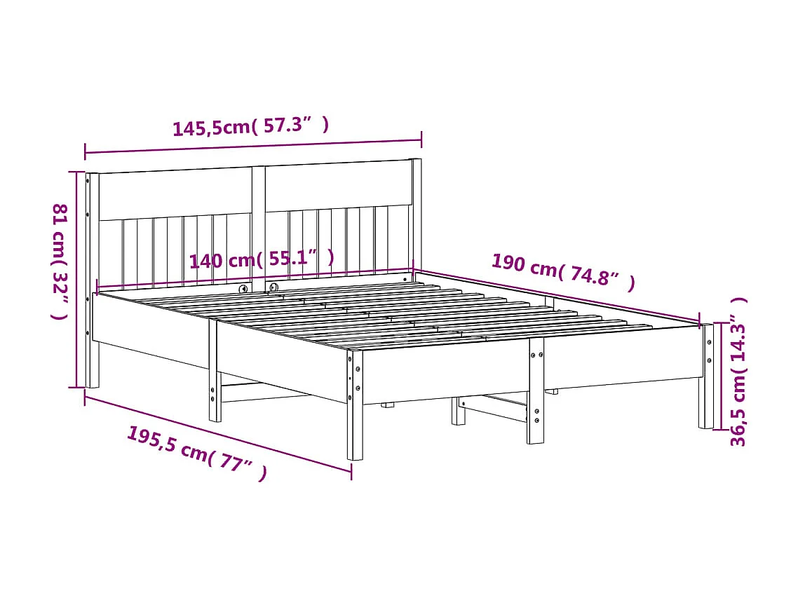 Letto senza Materasso 140x190 cm in Legno Massello di Pino
