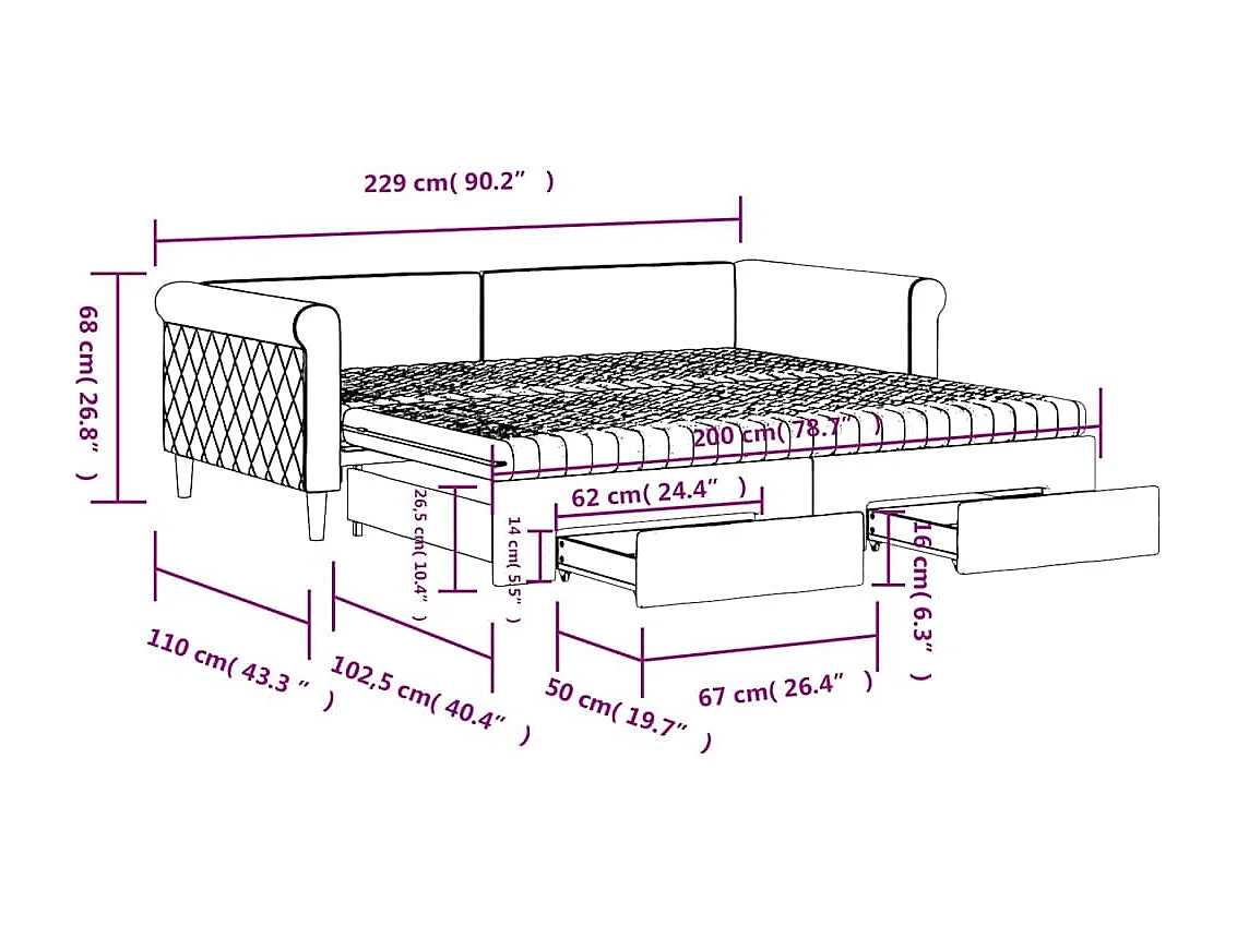 Lit de jour avec gigogne et tiroirs jaune 100x200 cm velours