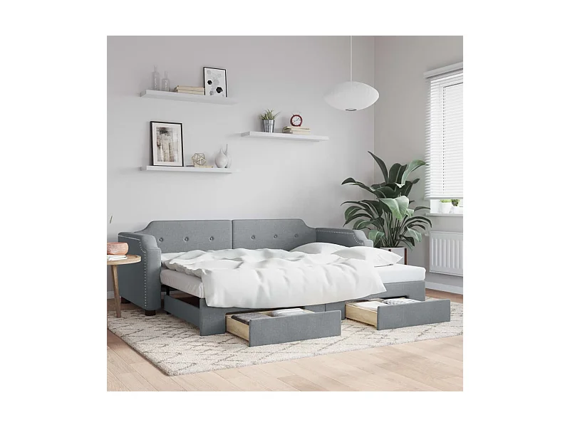 Tagesbett Ausziehbar mit Schubladen Hellgrau 80x200 cm Stoff