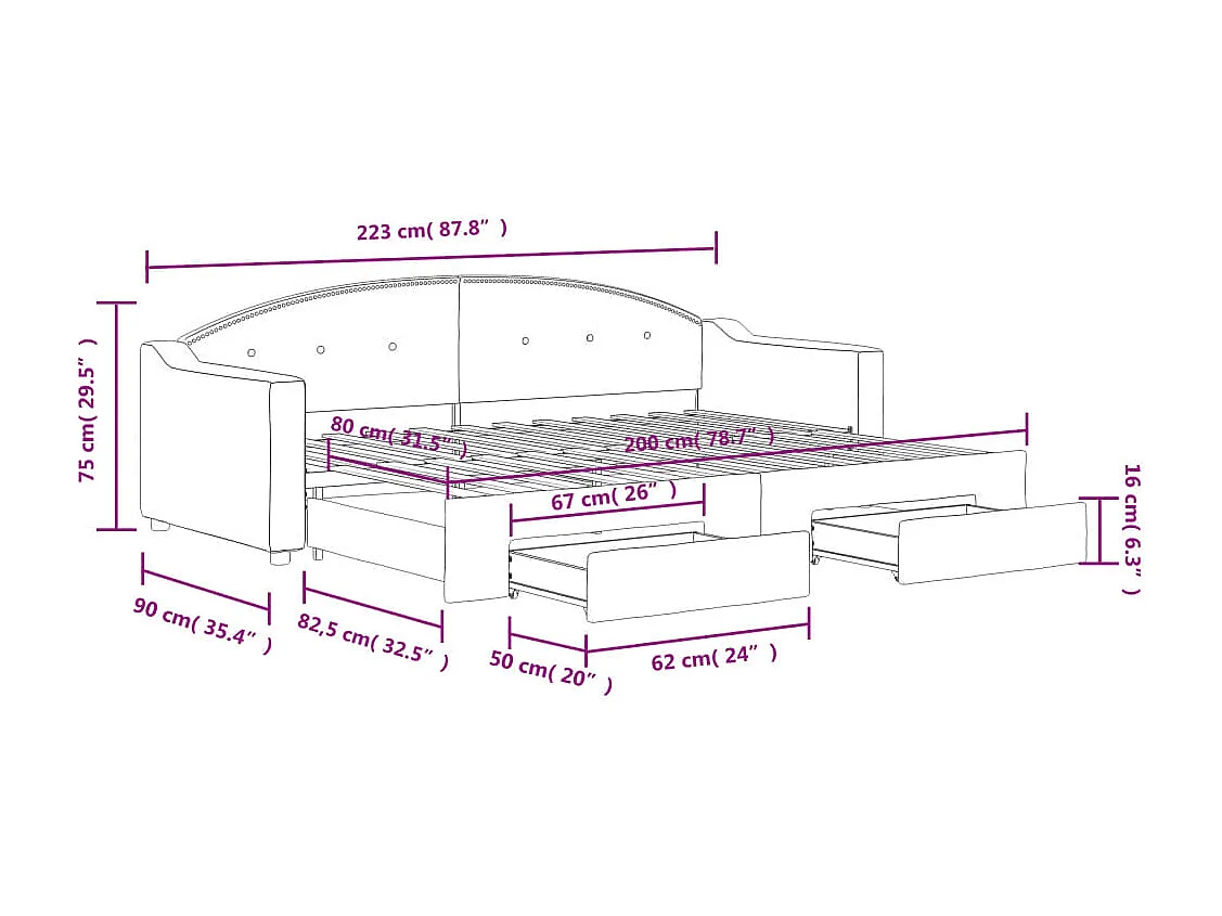 Slaapbank met onderschuifbed en lades 80x200 cm stof zwart