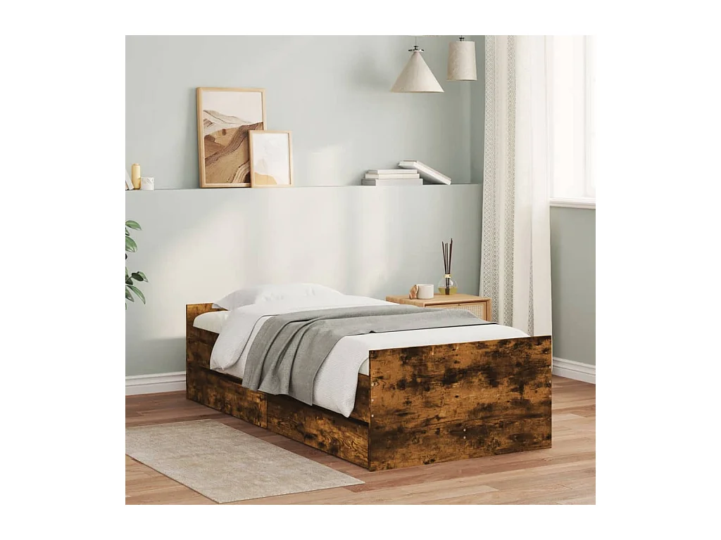Cadre de lit avec tiroirs sans matelas chêne fumé 90x200 cm