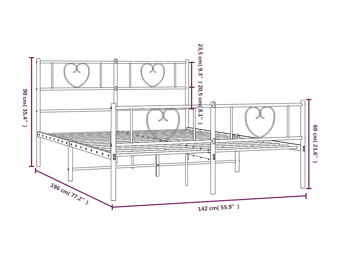 Estrutura de cama com cabeceira e pés 135x190 cm metal branco