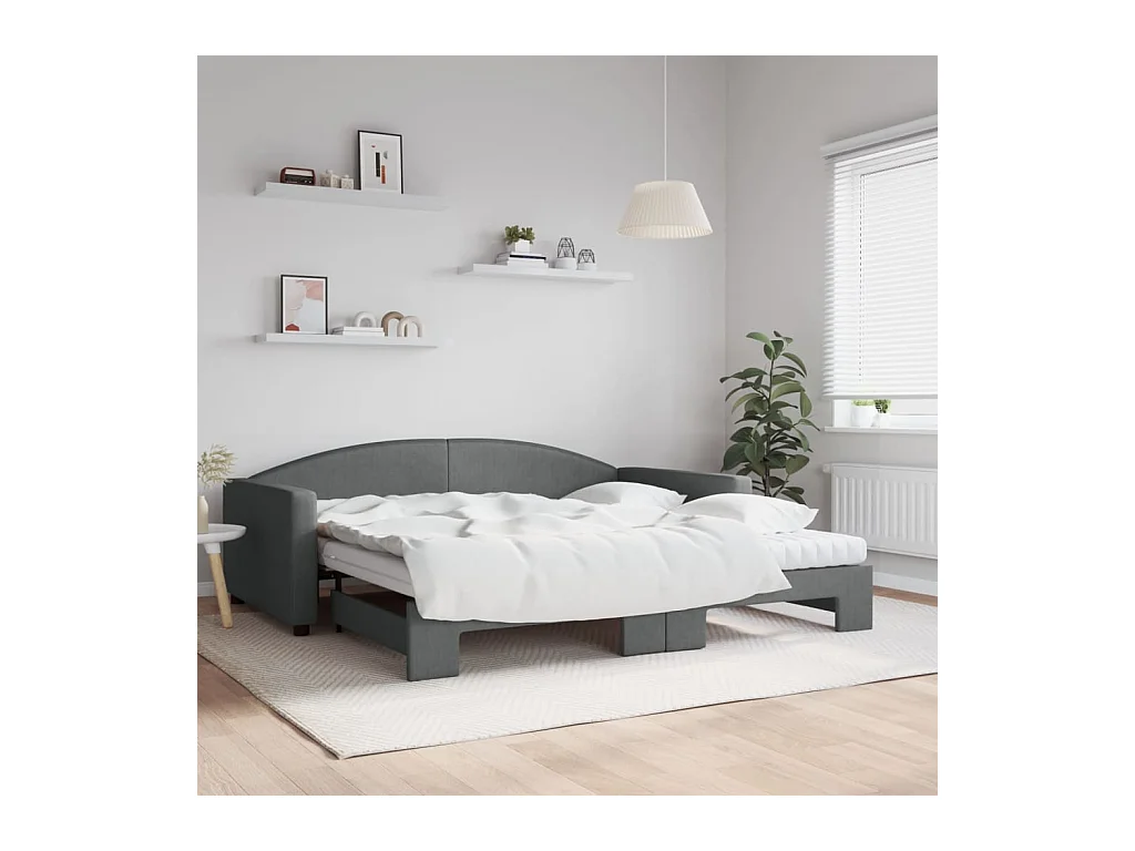 Lit de jour avec gigogne et matelas gris foncé 100x200 cm tissu