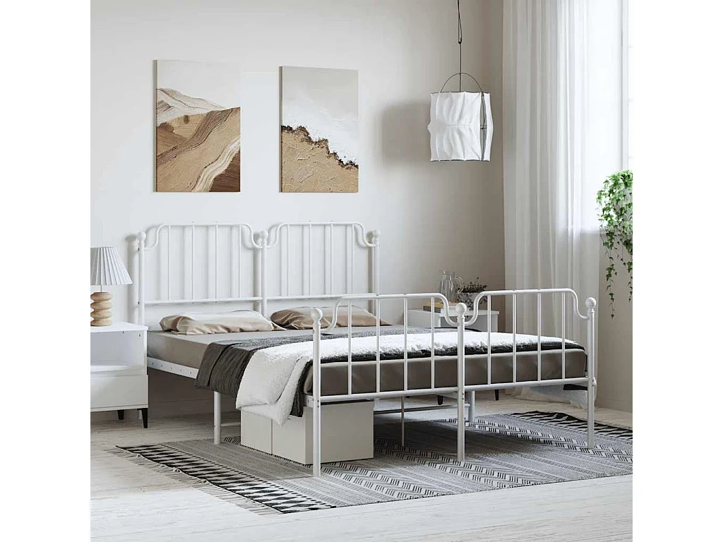 Cadre de lit métal sans matelas et pied de lit blanc 150x200 cm