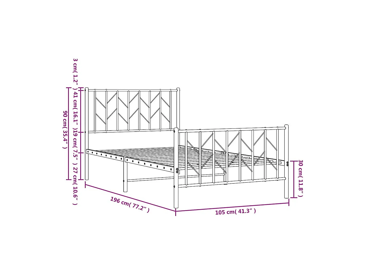 Cadre de lit métal sans matelas et pied de lit blanc 100x190 cm