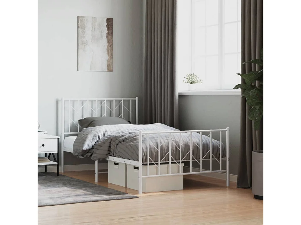 Cadre de lit métal sans matelas et pied de lit blanc 100x190 cm