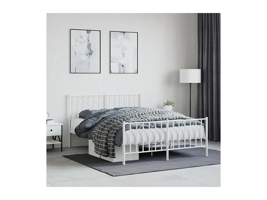 Cadre de lit métal sans matelas et pied de lit blanc 135x190 cm