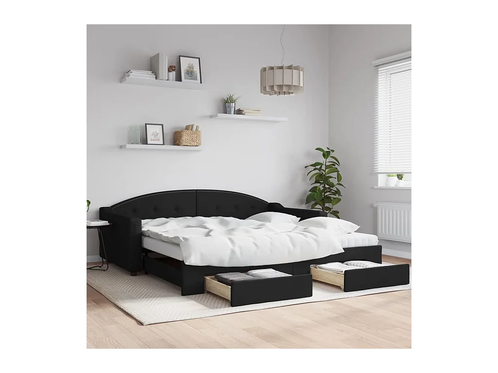Tagesbett Ausziehbar mit Schubladen Schwarz 100x200 cm Stoff