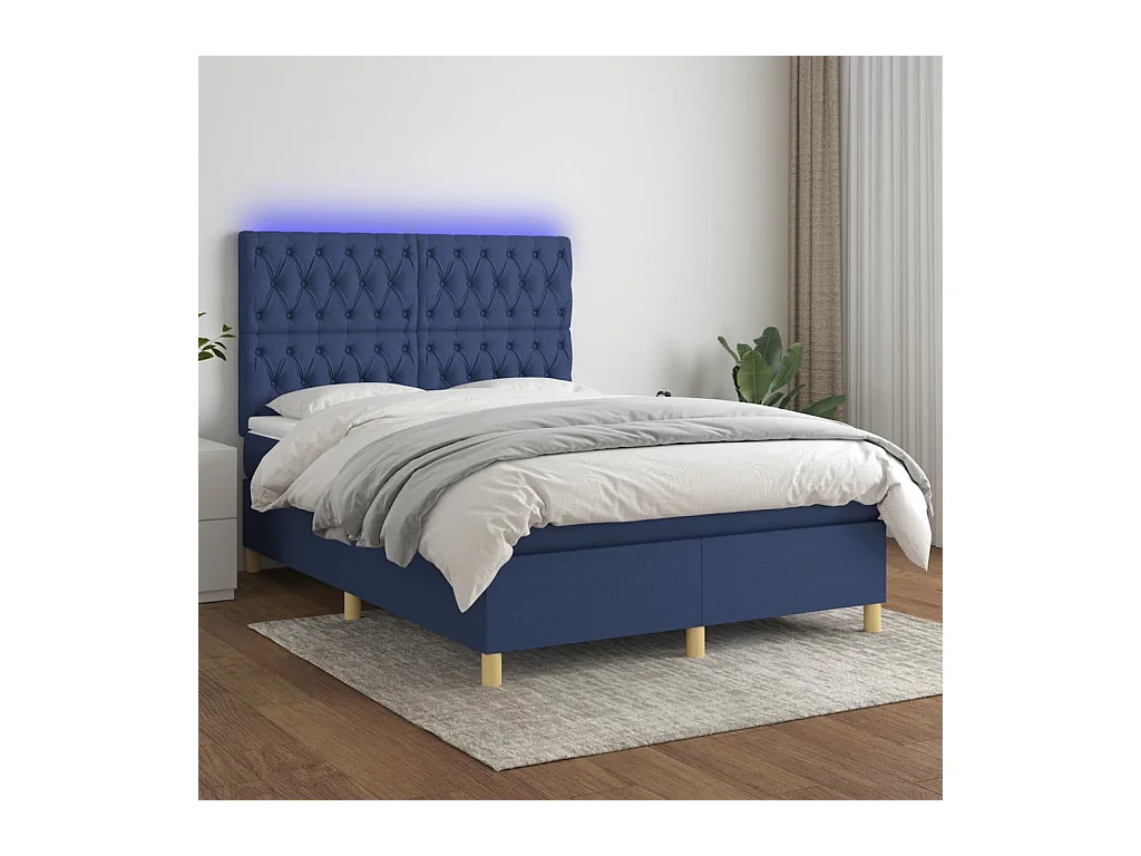 Cama box spring colchón y luces LED tela azul 140x200 cm