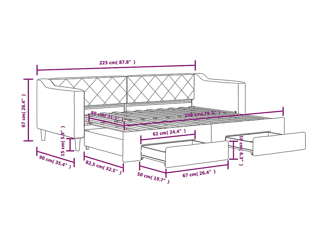 Lit de jour avec gigogne et tiroirs sans matelas noir 80x200 cm