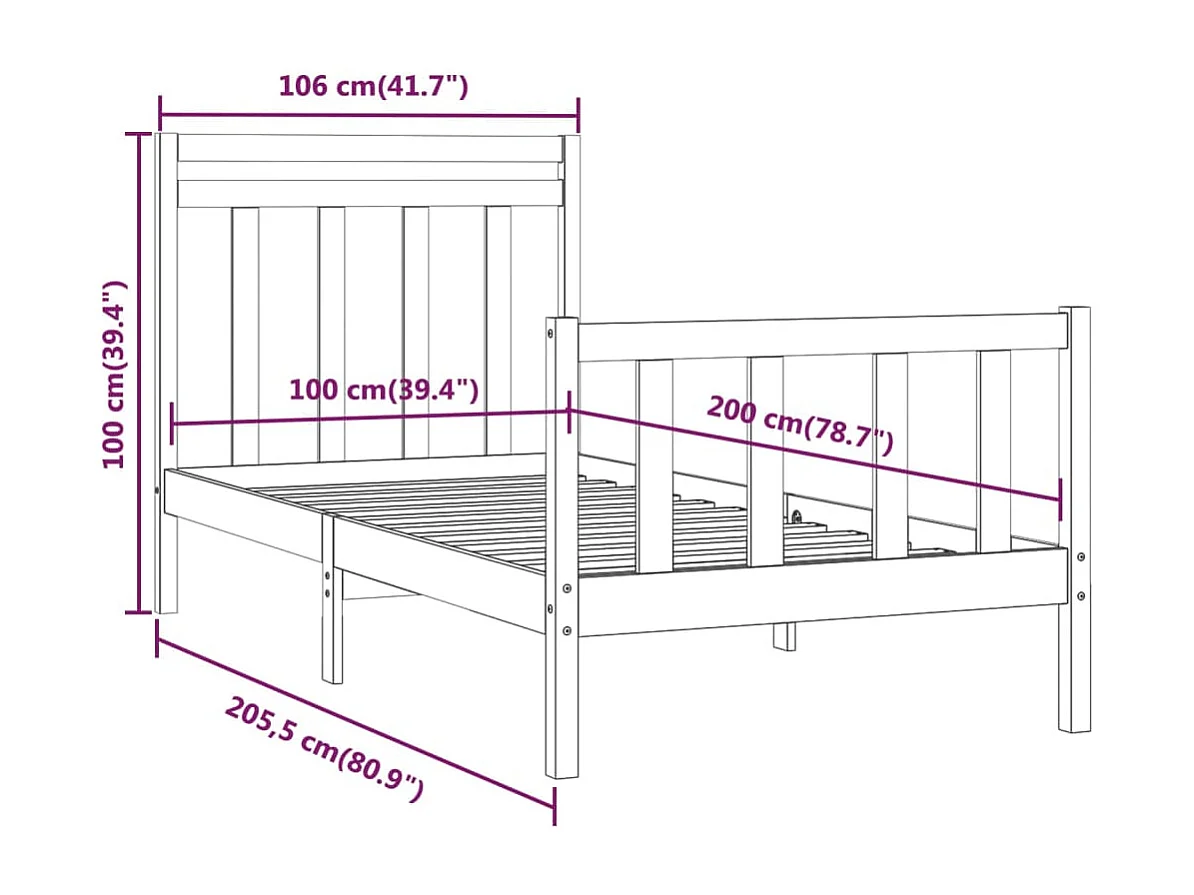 Estrutura de cama 100x200 cm pinho maciço