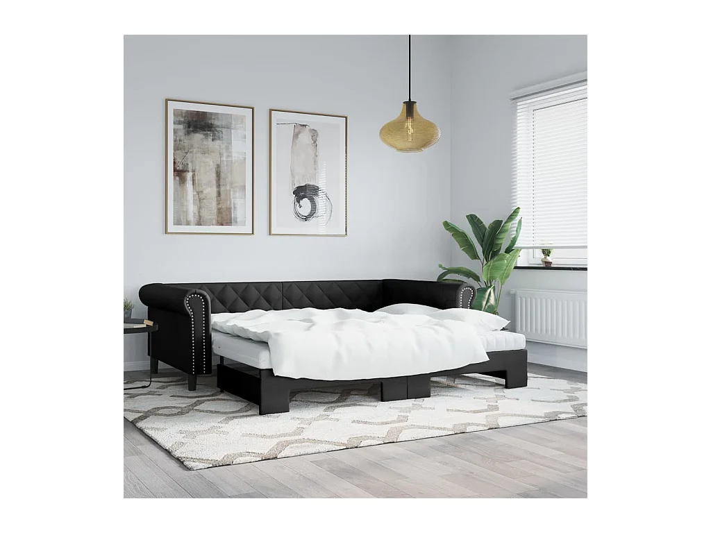 Lit de jour avec gigogne et matelas noir 90x200 cm similicuir