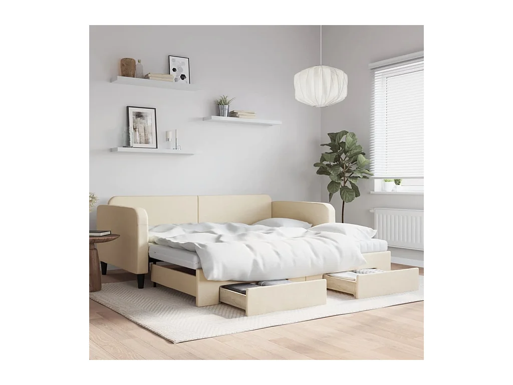 Tagesbett Ausziehbar mit Schubladen Creme 100x200 cm Stoff