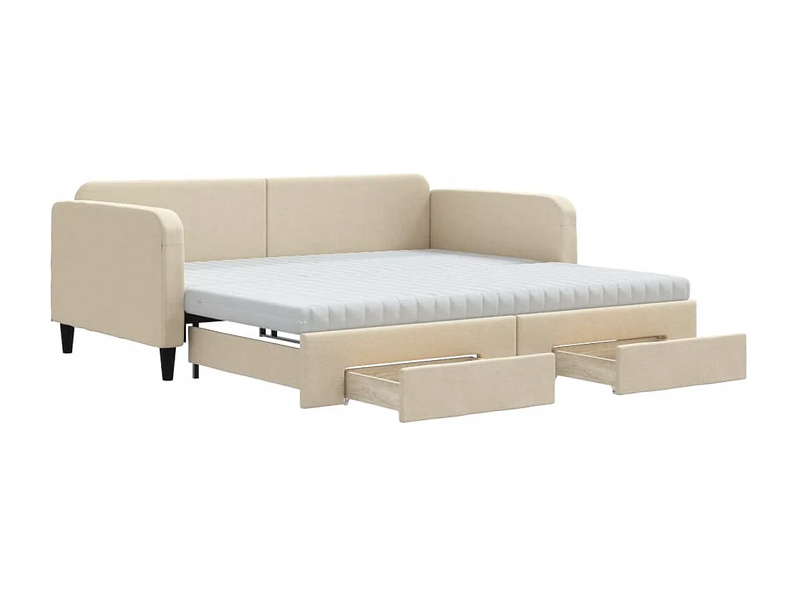 Lit de jour avec gigogne et tiroirs crème 100x200 cm tissu