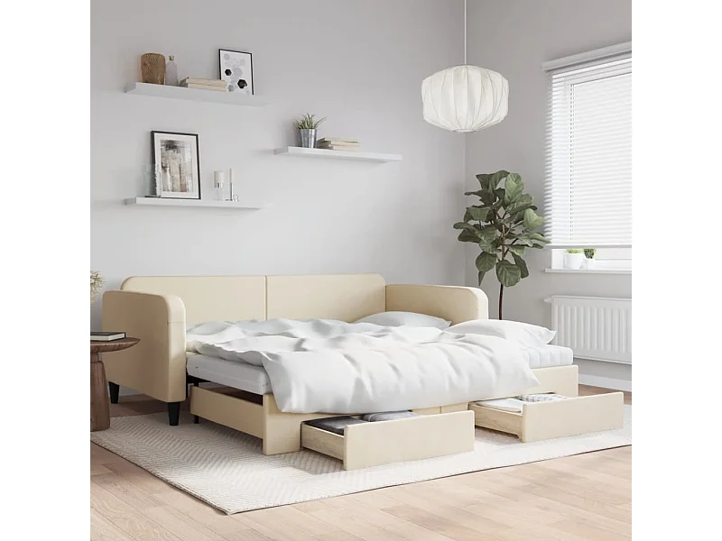Divano Letto Estraibile con Cassetti Crema 100x200cm in Tessuto