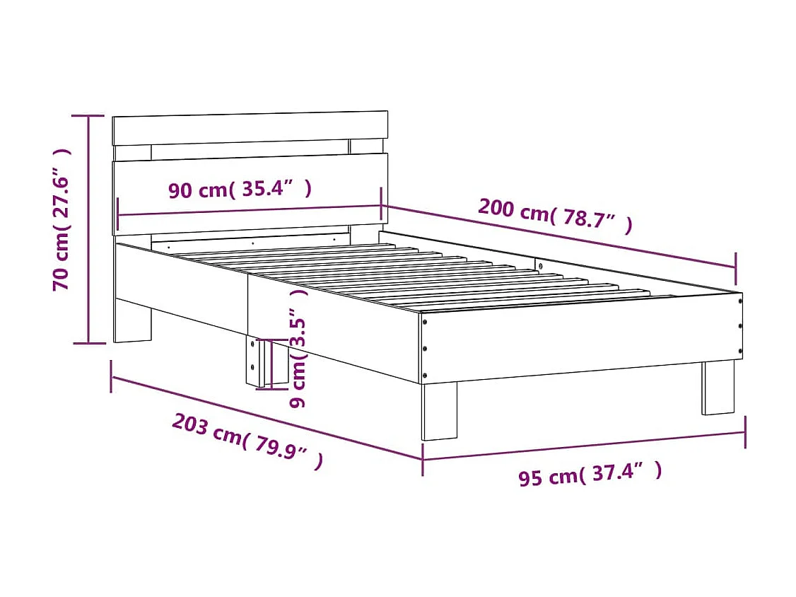 Bedframe met hoofdbord en LED-verlichting betongrijs 90x200 cm