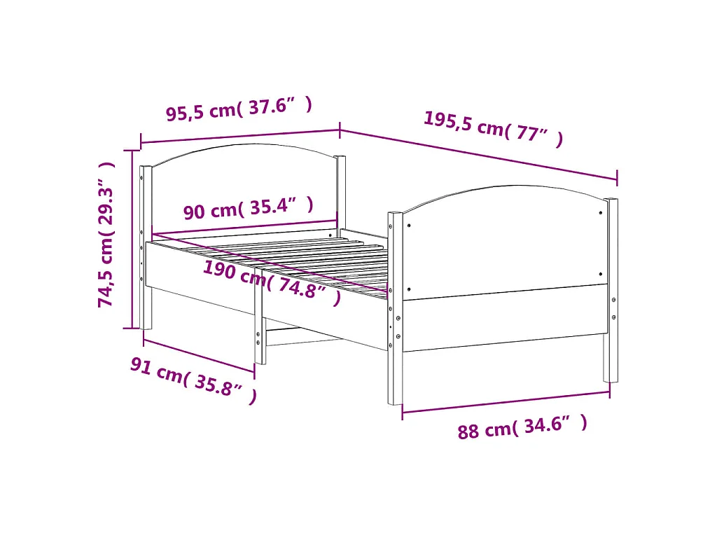 Letto senza Materasso 90x190 cm in Legno Massello di Pino