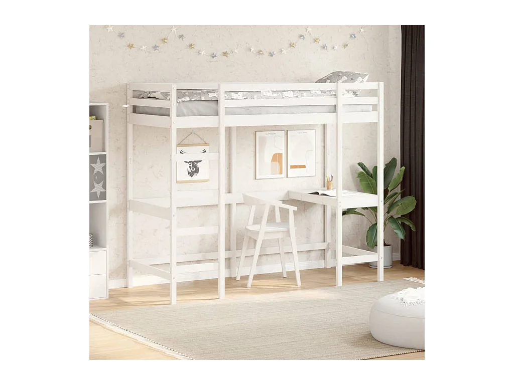 Cama alta com secretária 80x200 cm pinho maciço branco