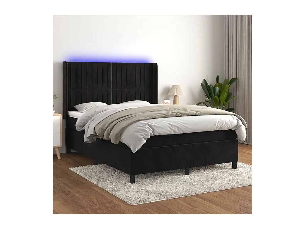 Sommier à lattes de lit matelas et LED Noir 140x190 cm Velours