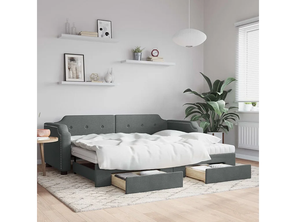 Lit de jour avec gigogne et tiroirs gris foncé 100x200 cm tissu
