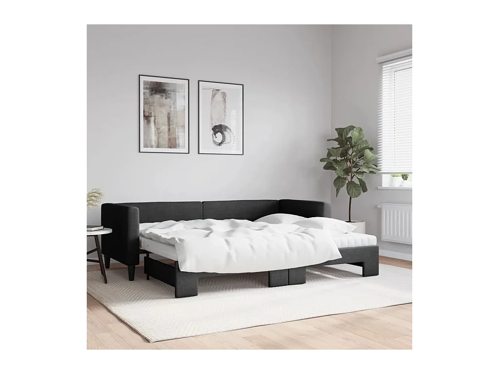 Lit de jour avec lit gigogne et matelas noir 80x200 cm tissu