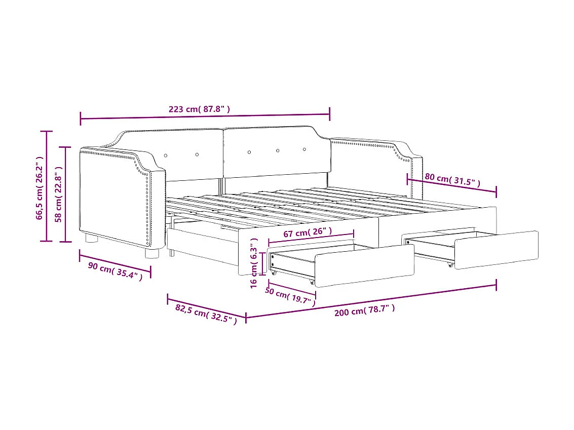 Slaapbank met onderschuifbed en lades 80x200 cm stof zwart
