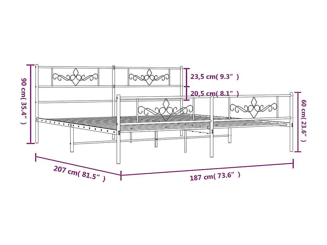 Cadre de lit métal sans matelas avec pied de lit noir 180x200cm