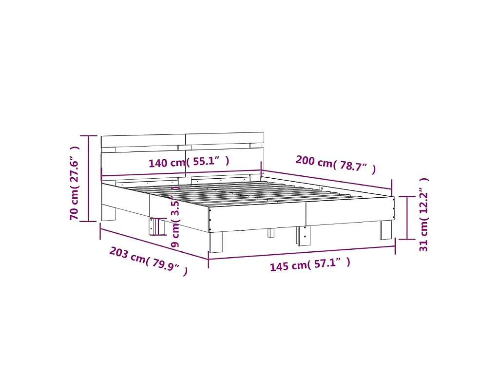 Cadre de lit avec LED sans matelas gris béton 140x200 cm