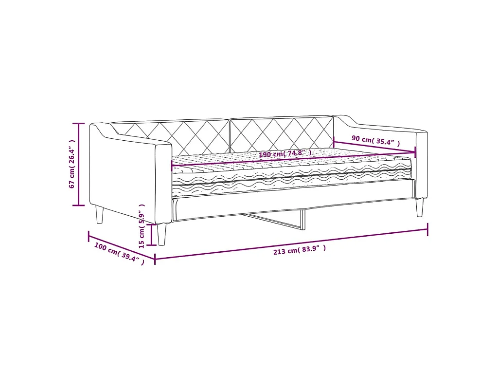 Lit de jour avec matelas noir 90x190 cm tissu