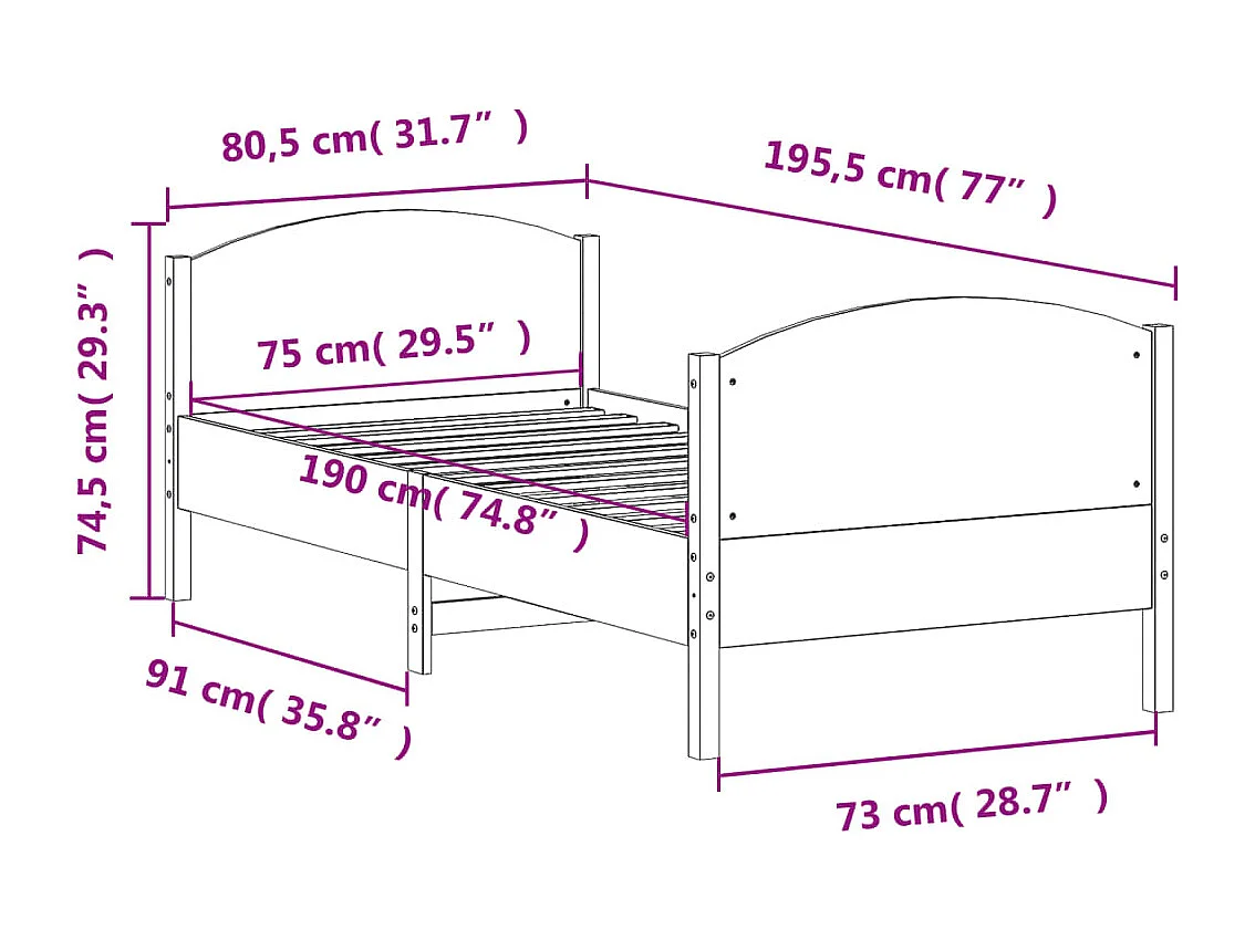 Cadre de lit sans matelas 75x190 cm bois de pin massif