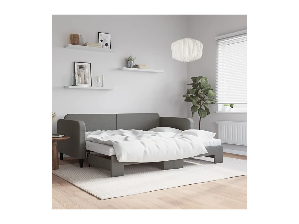 Lit de jour avec gigogne et matelas gris foncé 90x190 cm tissu