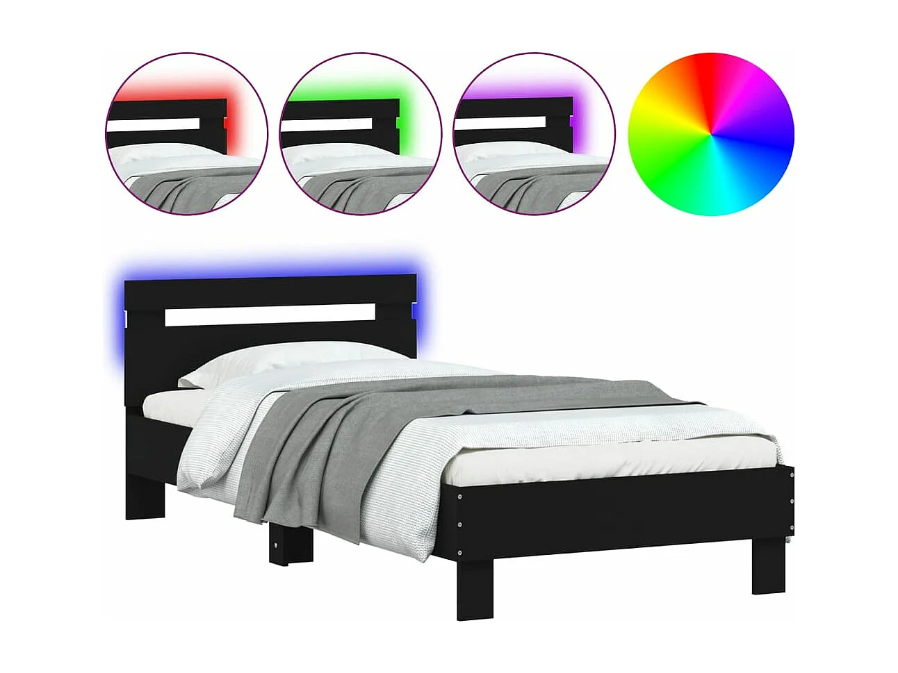 Estructura de cama con cabecero y luces LED negro 75x190 cm