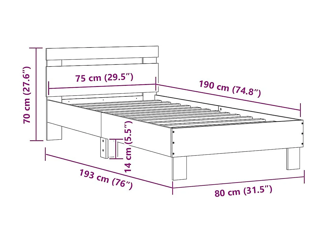 Cadre de lit sans matelas avec lumières LED noir 75x190 cm