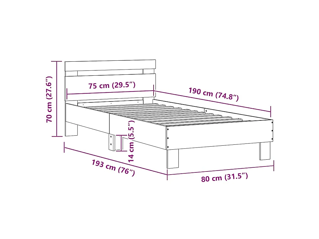 Cadre de lit sans matelas avec lumières LED noir 75x190 cm