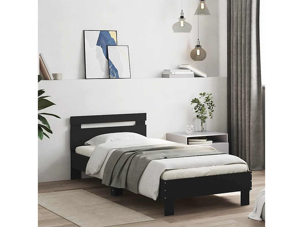 Bettgestell mit Kopfteil und LED-Leuchten Schwarz 75x190 cm