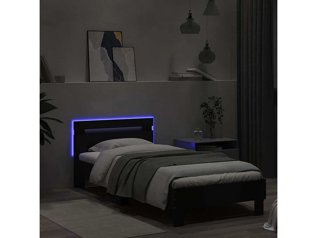 Bettgestell mit Kopfteil und LED-Leuchten Schwarz 75x190 cm