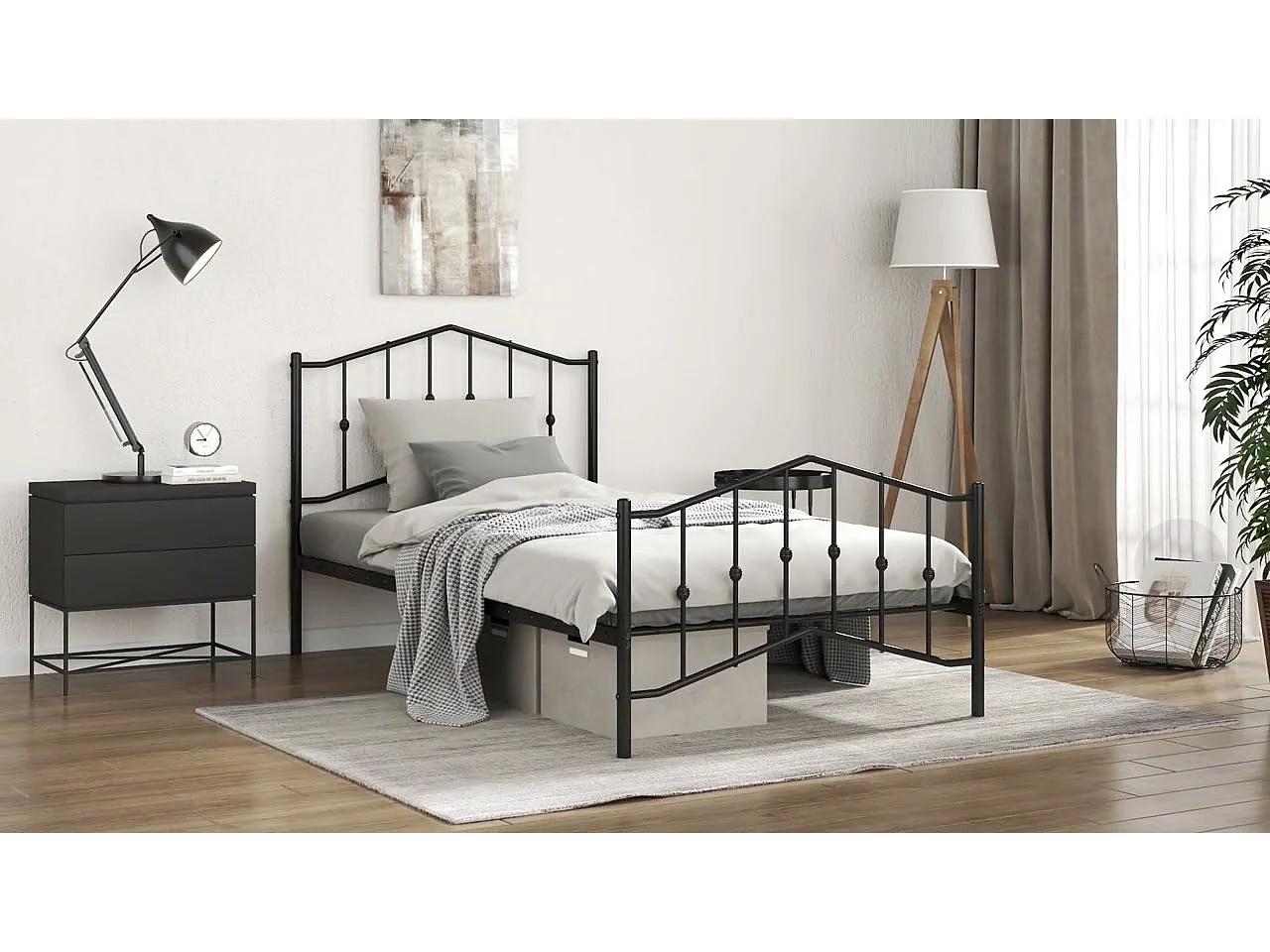 Cadre de lit métal sans matelas et pied de lit noir 100x200 cm