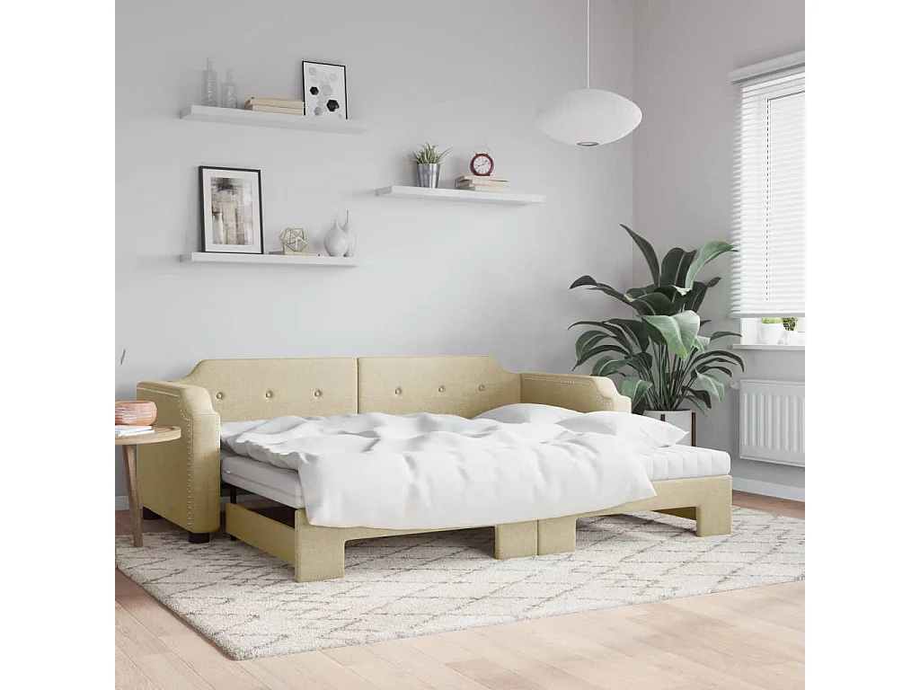 Tagesbett Ausziehbar mit Matratzen Creme 100x200 cm Stoff
