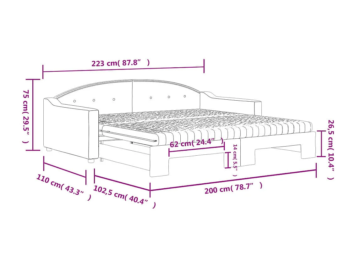 Lit de jour avec gigogne et matelas gris clair 100x200 cm tissu