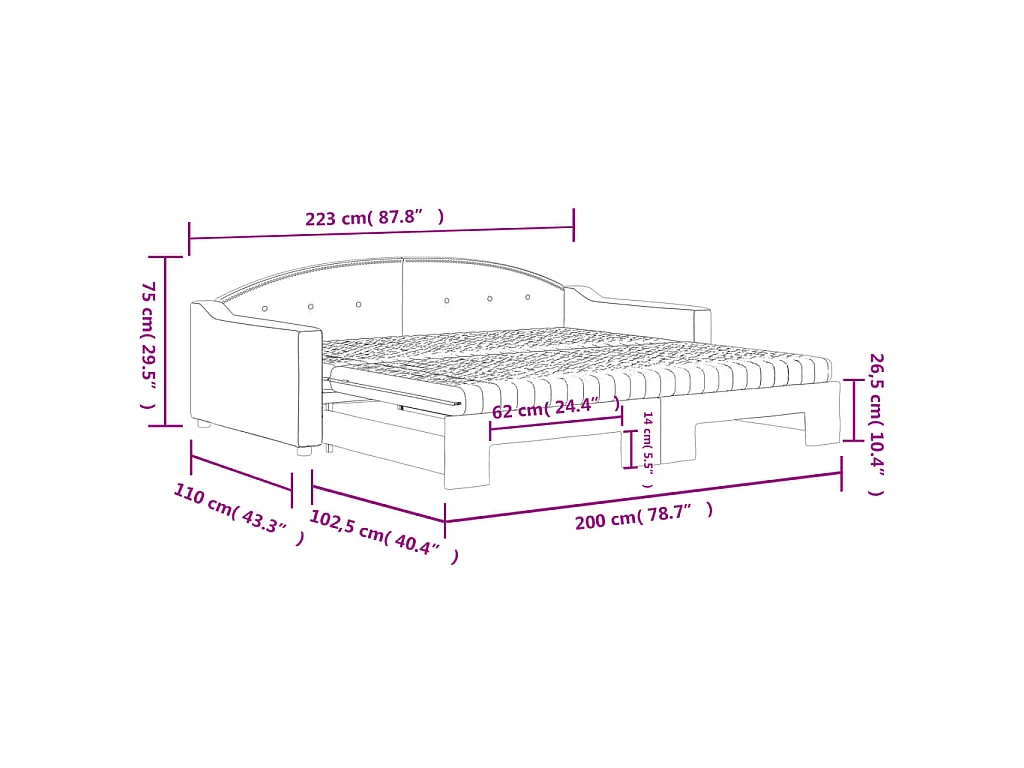 Lit de jour avec gigogne et matelas gris clair 100x200 cm tissu