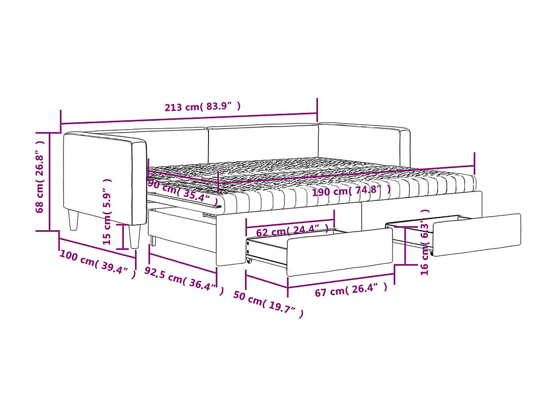 Slaapbank met onderschuifbed en lades 90x190 cm stof lichtgrijs
