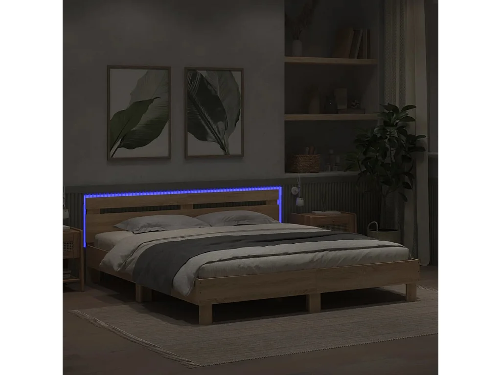 Giroletto con Testiera e LED Rovere Sonoma 180x200 cm
