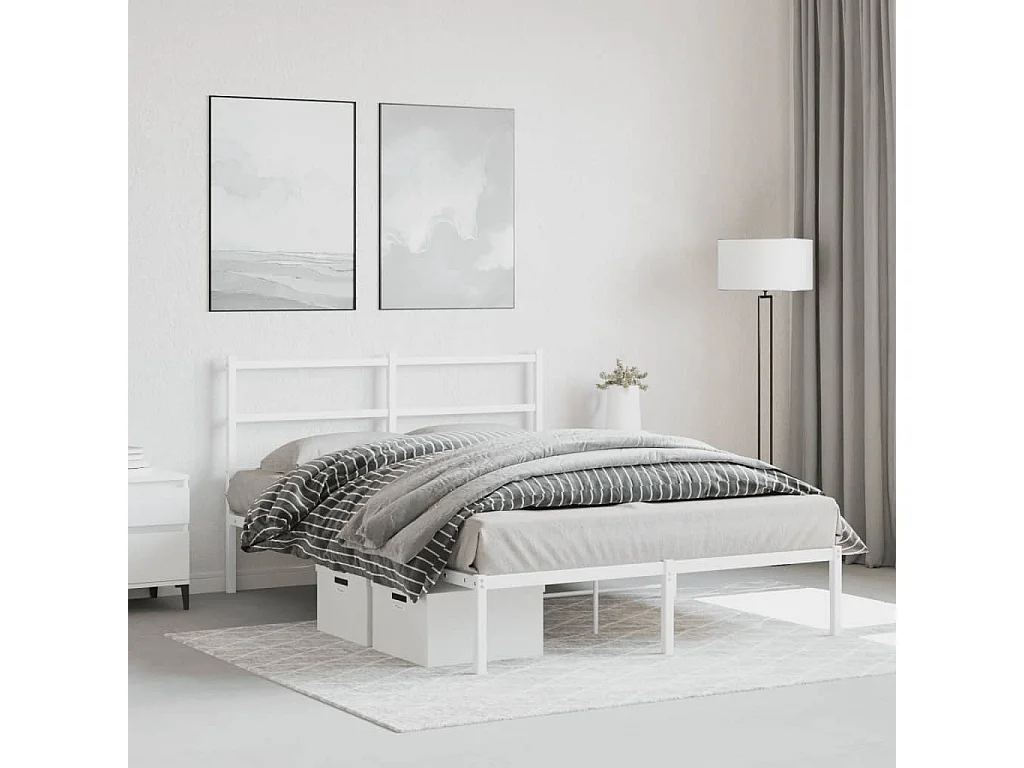 Cadre de lit métal sans matelas et tête de lit blanc 140x190 cm