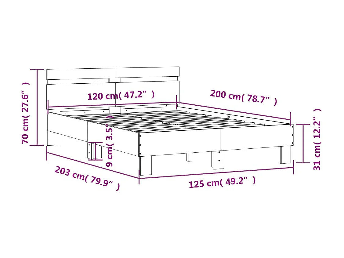 Cadre de lit avec LED sans matelas chêne marron 120x200 cm